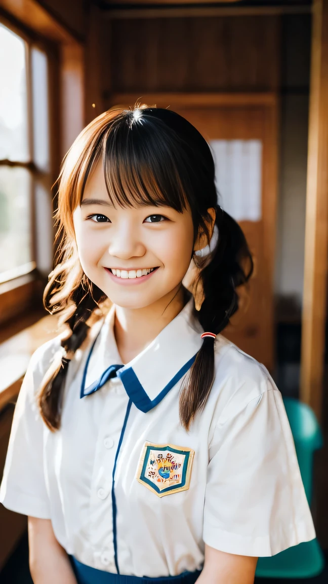 Lens 135mm f1.8, (highest quality),(RAW photo), , (Beautiful 15 year old Japanese girl), cute face, (deeply carved face:0.7), (freckles:0.6), dappled sunlight, dramatic lighting, (japanese school uniform), (inside the school in the classroom), shy, twintails, (cowboy shots of:1.2), (embarrassed smile),, (sparkling eyes)、, (Arms at sides),
