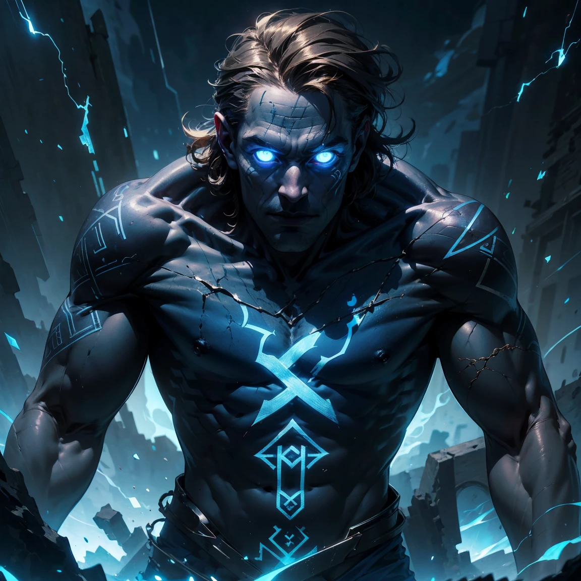 (masterpiece, realistic, best quality, (beautiful and aesthetic:1.4), extremely detailed), (dark fantasy:1.4) (rough male dark mage, (35 years old), short blond hair, unshaved, blue eyes), ((arms covered by incarnate runic pattern tattoo:1.3)), (glowing runes:1.4), covered in scars, sleeveless, ((demonized hand, detailed glowing eyes, casting spell)), (in underworld, hell, dark scene), standing in dark shadow, dynamic pose, (dark blue theme:1.3), (blue energy magic swirling around:1.3), cinematic lighting, r1ge, GlowingRunes_paleblue, dark blue glow, cracks, glowing cracks, cracked skin, shattered skin, fractured skin, broken skin, detailed face, (detailed weathered skin), (solo:1.3), (1male:1.4), (elegant, intricate, digital photography, high quality, CG, 4k, extremely detailed, sharp, HDR),