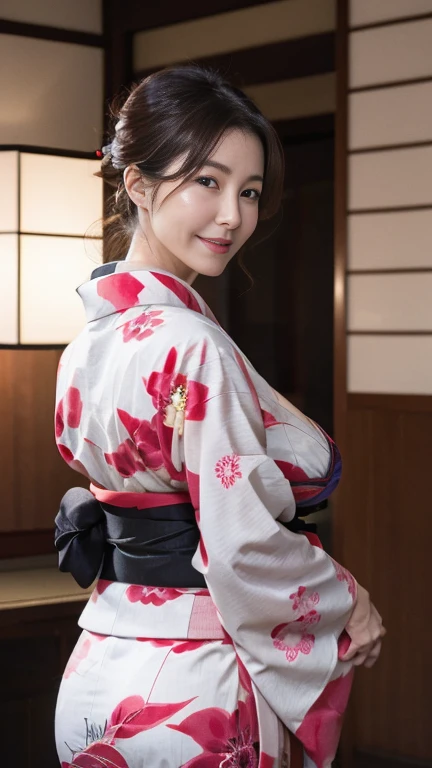 Mature attractive sexy woman,50 years old, ((kimono)),(((kimono))),Shut,((Big Breasts:1.2)),(Facial wrinkles:1.3),light makeup,Light brown hair,Long Hair,(Full body photography:0.85),(Emphasize big buttocks),8k, RAW Photos, highest quality, Laughter,masterpiece,highest quality、A gentle smile、A gaze that seduces viewers、Random hairstyle、Japanese-style room、Shoji screen、