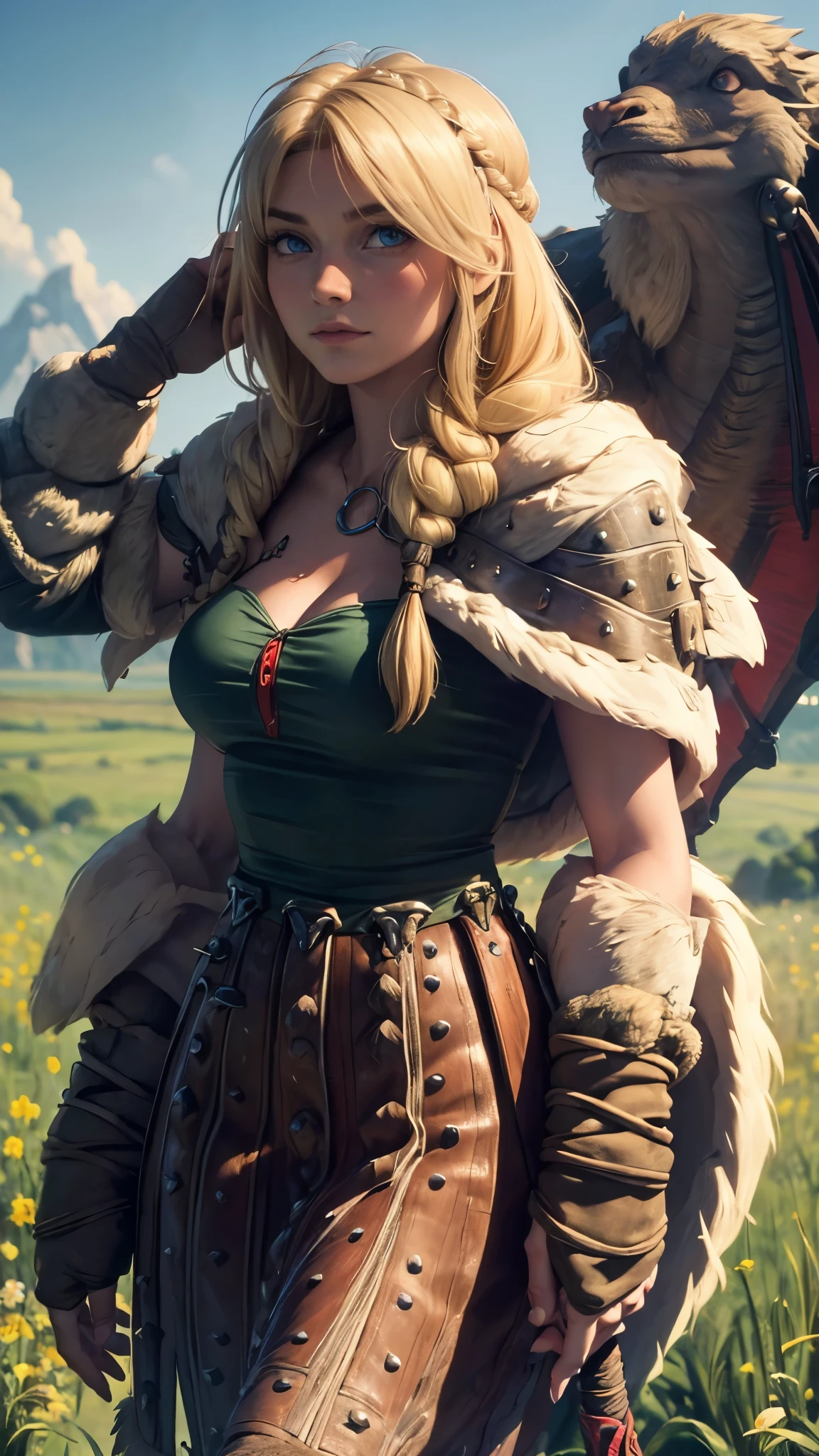 cleavage,(best quality,4k,8k,highres,masterpiece:1.2),ultra-detailed,(realistic,photorealistic,photo-realistic:1.37),long, wavy blonde hair, strikingly beautiful face with bright blue eyes, delicate eyebrows, high cheekbones, button nose, full and rosy lips, slender and athletic built, wearing a Viking-inspired outfit with a leather vest, fur-lined cape, and a long skirt, holding a dragon-themed staff with intricate carvings, standing confidently with one foot forward and a determined expression, surrounded by a stunning landscape of lush green meadows, towering mountains, and a clear blue sky, sunlight casting a warm golden glow on Astrid and the surroundings, capturing the adventurous spirit and strength of Astrid as she looks towards the horizon, ready to embark on a new dragon-training journey.