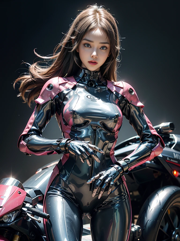 ((highest quality)), ((masterpiece)), ((Perfect Face))、（(Detailed Motorcycle)）、Detailed and clear photos、((Cyborg Woman))、((Pink long sleeve riding jacket and leather pants))、((Riding on motorcycle))、((cybernetics))、Slender body、((Woman with a mechanical body))、Communication Headset、(((Steel Fingers)))、(((The body is mechanized)))、Full Body Shot、The background is a futuristic city、smile、（Big eyes and a pretty face）,The whole body is slightly soot-stained.,Sexy clothes that expose the skin、Sexy pose