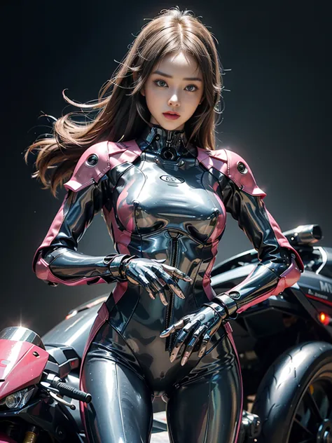 ((highest quality)), ((masterpiece)), ((Perfect Face))、（(Detailed Motorcycle)）、Detailed and clear photos、((Cyborg Woman))、((Pink...