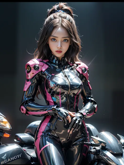 ((highest quality)), ((masterpiece)), ((Perfect Face))、（(Detailed Motorcycle)）、Detailed and clear photos、((Cyborg Woman))、((Pink...