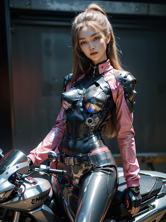 ((highest quality)), ((masterpiece)), ((Perfect Face))、（(Detailed Motorcycle)）、Detailed and clear photos、((Cyborg Woman))、((Pink long sleeve riding jacket and leather pants))、((Riding on motorcycle))、((cybernetics))、Slender body、((Woman with a mechanical body))、Communication Headset、(((Steel Fingers)))、(((The body is mechanized)))、Full Body Shot、The background is a futuristic city、smile、（Big eyes and a pretty face）,The whole body is slightly soot-stained.,Sexy clothes that expose the skin、Sexy pose