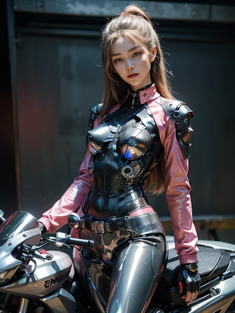 ((highest quality)), ((masterpiece)), ((Perfect Face))、（(Detailed Motorcycle)）、Detailed and clear photos、((Cyborg Woman))、((Pink...