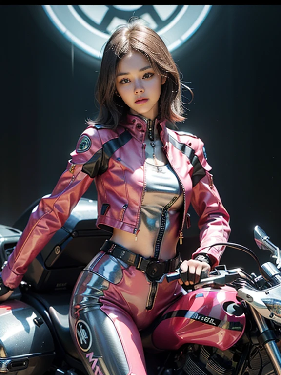 ((highest quality)), ((masterpiece)), ((Perfect Face))、（(Detailed Motorcycle)）、Detailed and clear photos、((Cyborg Woman))、((Pink long sleeve riding jacket and leather pants))、((Riding on motorcycle))、((cybernetics))、Slender body、((Woman with a mechanical body))、Communication Headset、(((Steel Fingers)))、(((The body is mechanized)))、Full Body Shot、The background is a futuristic city、smile、（Big eyes and a pretty face）,The whole body is slightly soot-stained.,Sexy clothes that expose the skin、Sexy pose