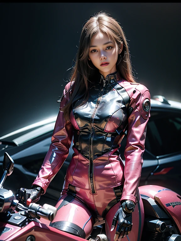 ((highest quality)), ((masterpiece)), ((Perfect Face))、（(Detailed Motorcycle)）、Detailed and clear photos、((Cyborg Woman))、((Pink long sleeve riding jacket and leather pants))、((Riding on motorcycle))、((cybernetics))、Slender body、((Woman with a mechanical body))、Communication Headset、(((Steel Fingers)))、(((The body is mechanized)))、Full Body Shot、The background is a futuristic city、smile、（Big eyes and a pretty face）,The whole body is slightly soot-stained.,Sexy clothes that expose the skin、Sexy pose