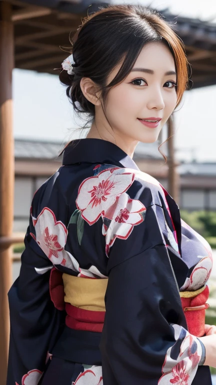 highest quality, masterpiece, Ultra-high resolution, At the Japan temple, (Realistic:1.4), smile, One beautiful woman,),((Homongi)), (yukata), geisha, warrior, Huge Ass，Huge breasts, silk clothes, Proper attire, Beautiful kimono, Wide Camera, whole body