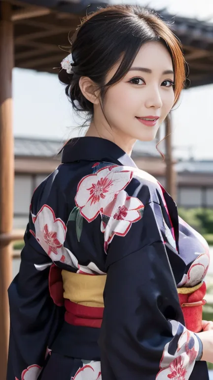highest quality, masterpiece, Ultra-high resolution, At the Japan temple, (Realistic:1.4), smile, One beautiful woman,),((Homong...