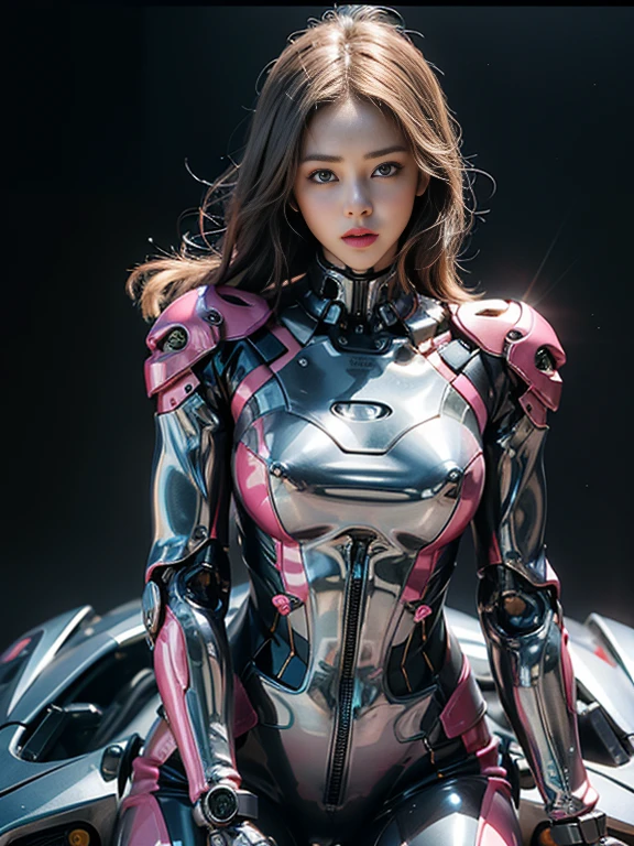 ((highest quality)), ((masterpiece)), ((Perfect Face))、（(Detailed Motorcycle)）、Detailed and clear photos、((Cyborg Woman))、((Pink long sleeve riding jacket and leather pants))、((Riding on motorcycle))、((cybernetics))、Slender body、((Woman with a mechanical body))、Communication Headset、(((Steel Fingers)))、(((The body is mechanized)))、Full Body Shot、The background is a futuristic city、smile、（Big eyes and a pretty face）,The whole body is slightly soot-stained.,Sexy clothes that expose the skin、Sexy pose