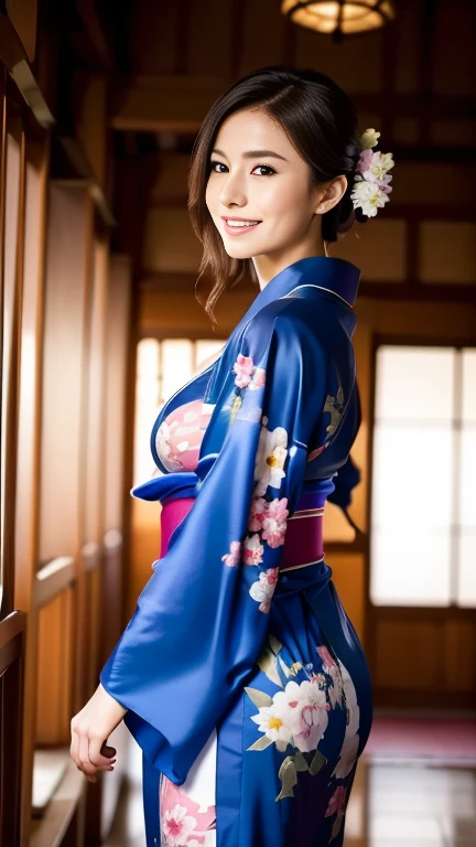highest quality, masterpiece, Ultra-high resolution, At the Japan temple, (Realistic:1.4), smile, One beautiful woman,),((Homongi)), blue、((kimono)), Huge Ass，Huge breasts, silk clothes, Proper attire, 美しいkimono, Wide Camera, whole body
