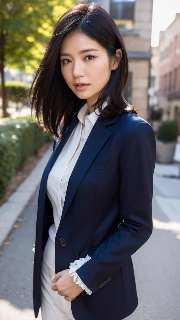 NSFW, ((highest quality)), ((8K)), ((Masterpiece: 1.3)), (Perfect appearance), (Photorealism: 1.6), (One woman in a suit standing on the sidewalk), Cityscape , Sunny, Morning, Cityscape, Sunny morning, Japanese woman, 47 years old, (Realistic skin texture)), (Overall skin fine lines: 1.3), (Skin dullness: 1.1), (Skin without moisture) : 1.2), (Wrinkles on the face: 0.9), (Wrinkles at the corners of the eyes: 1.2), Double eyelids, Tear bag on the lower eyelid, (Crying mole: 0.9), Eyes are facing towards me, Serious look, ( Dimples: 1.2), medium-length hairstyle, frilly blouse, suit woman, silk suit, (whole body: 1.4),