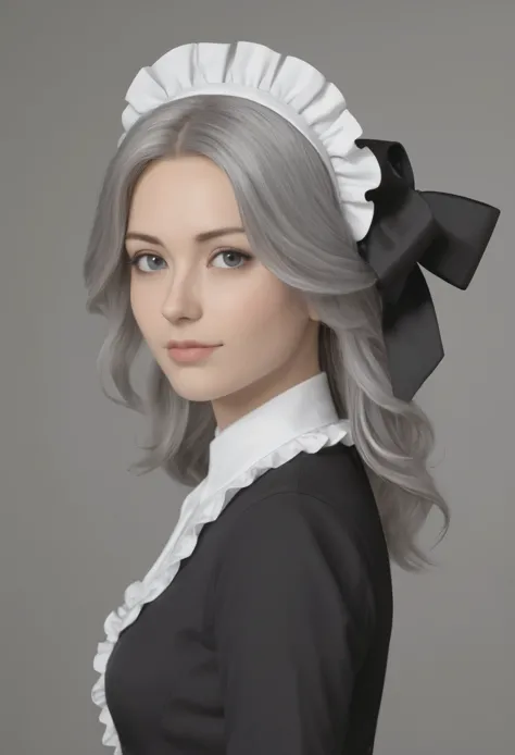 hyper realistic, photo shooting, photo, gray hair, dress black, dress maid, loose hair, black bow on the head