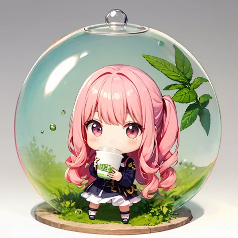 、1 cute chibi character,、bubble、Matcha。Pink Hair