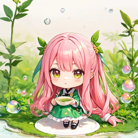 、1 cute chibi character,、bubble、Matcha、tea、Pink Hair