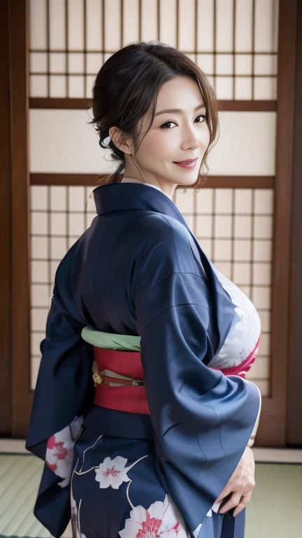 Femme sexy mature et attrayante,50 ans, ((kimono)),bleu、(((kimono))),fermer,((gros seins:1.2)),(Rides du visage:1.3),Maquillage léger,Des cheveux châtain clairs,cheveux longs,(photographie du corps entier:0.85),(Mettre l&#39;accent sur les grosses fesses),8k, Photos brutes, la plus haute qualité, rire,chef-d&#39;œuvre,la plus haute qualité、un doux sourire、Un regard qui séduit les spectateurs、Coiffure aléatoire、Chambre de style japonais、écran shoji、