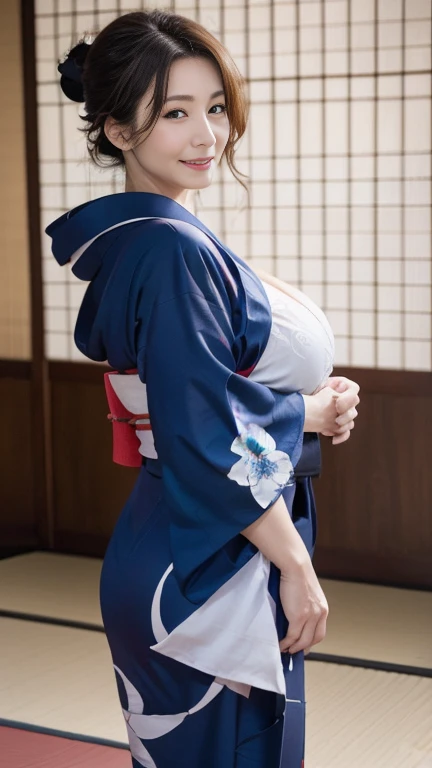 Mature attractive sexy woman,50 years old, ((kimono)),blue、(((kimono))),Shut,((Big Breasts:1.2)),(Facial wrinkles:1.3),light makeup,Light brown hair,Long Hair,(Full body photography:0.85),(Emphasize big buttocks),8k, RAW Photos, highest quality, Laughter,masterpiece,highest quality、A gentle smile、A gaze that seduces viewers、Random hairstyle、Japanese-style room、Shoji screen、