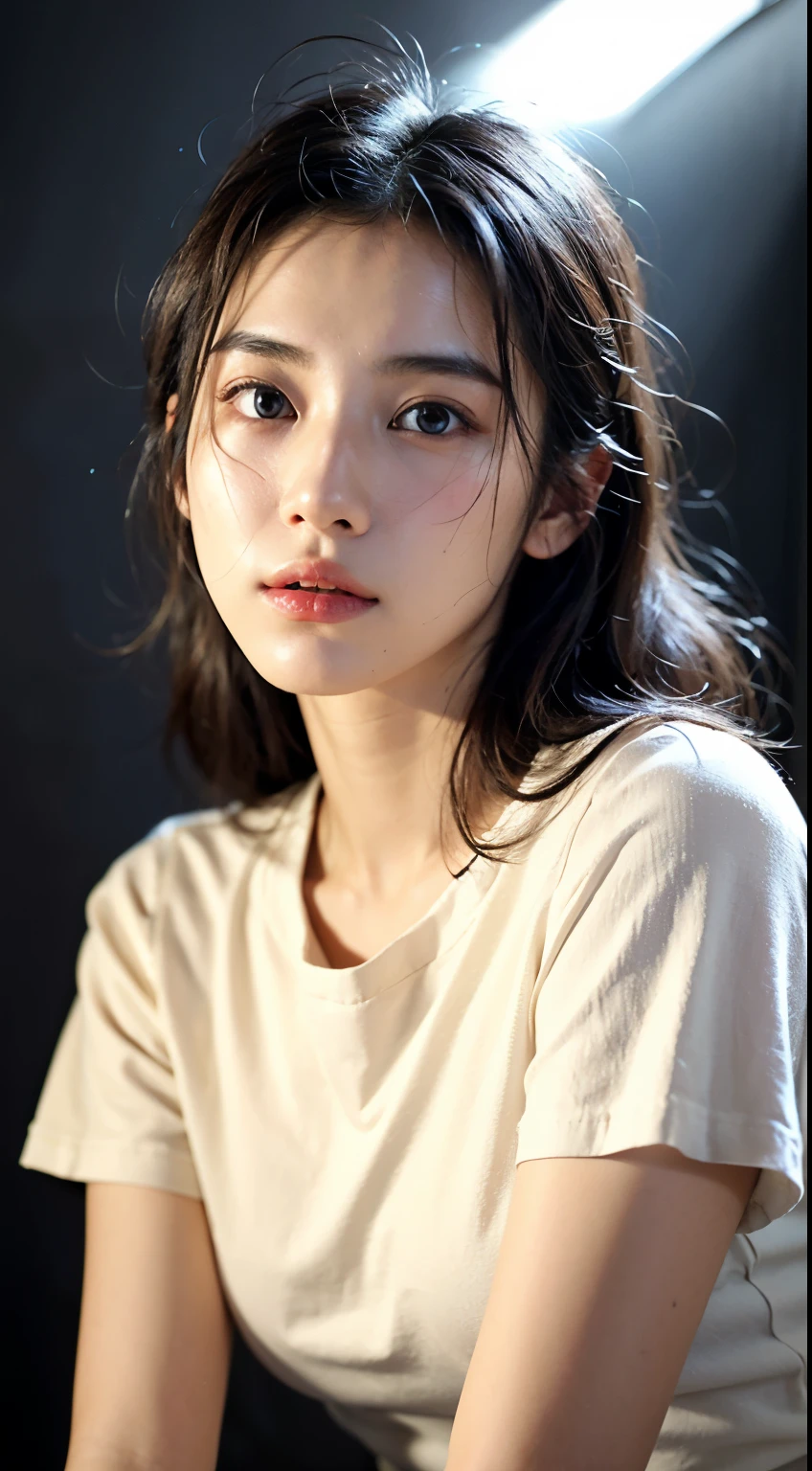 Wear, (photo Practical:1.4), (hyper Practical:1.4), (Practical:1.3), (Smoother lighting:1.05), (Improve movie lighting quality:0.9), 32k, 1 Girl,20 year old girl, Practical lighting, Backlight, There is light on the face, Ray Tracing, (Bright Lights:1.2), (quality improvement:1.4), (Highest quality real texture skin:1.4), Delicate eyes, Delicate face, Exquisite eyes, (Tired, sleepy and satisfied:0.0), Close-up of face, t-shirt, (Increase body line emotions:1.1), (Enhance Skin Texture Beauty:1.1)