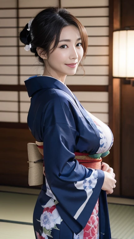 Femme sexy mature et attrayante,50 ans, ((kimono)),bleu、(((kimono))),fermer,((gros seins:1.2)),(Rides du visage:1.3),Maquillage léger,Des cheveux châtain clairs,cheveux longs,(photographie du corps entier:0.85),(Mettre en valeur les grosses fesses),8k, Photos brutes, la plus haute qualité, rire,chef-d&#39;œuvre,la plus haute qualité、un doux sourire、Un regard qui séduit les spectateurs、Coiffure aléatoire、Chambre de style japonais、écran shoji、lanterne、