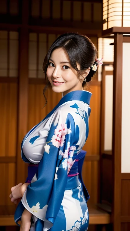 highest quality, masterpiece, Ultra-high resolution, At the Japan temple, (Realistic:1.4), smile, One beautiful woman,),(((Homongi))), ((blue))、(((kimono))), Huge Ass，Huge breasts, silk clothes, Proper attire, 美しいkimono, Wide Camera, whole body,A gentle smile、A gaze that seduces viewers、