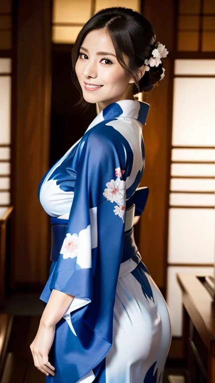 highest quality, masterpiece, Ultra-high resolution, At the Japan temple, (Realistic:1.4), smile, One beautiful woman,),(((Homongi))), ((blue))、(((kimono))), Huge Ass，Huge breasts, silk clothes, Proper attire, 美しいkimono, Wide Camera, whole body,A gentle smile、A gaze that seduces viewers、