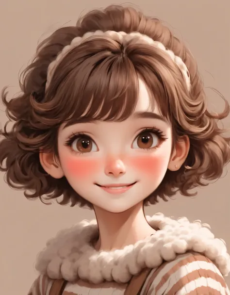 Nellie_Art style, 1 girl, Smile, blush, Looking at the audience, Brown hair, short hair, Brown eyes, sheep, Bangs, solitary, Str...