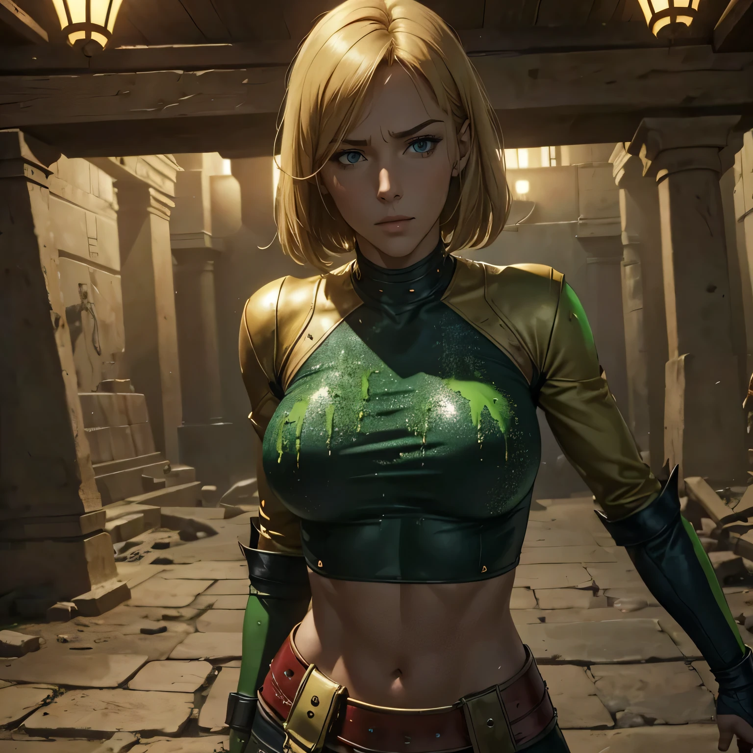 masterpiece, best quality, masterpiece, best quality, agrias, red sweater, red eotard with a midriff cutout, standing, looking at viewer, blonde short hair, superhero, boots, highleg, blue eyes, black gloves, , detailed face, muscular, She weak, she is chained to the roof, she  is standing and chain, she   being humiliated, big chest, she  suffering in pain,(alone), detailed face, age 20, she is covered in green slime, green slime dripping everywhere, ancient pyramid