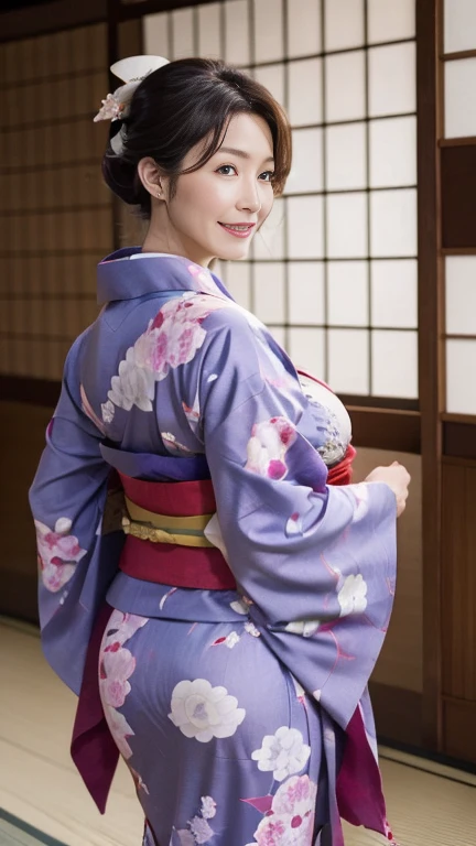 Femme sexy mature et attrayante,50 ans, ((kimono)),(((kimono))),fermer,((gros seins:1.2)),(Rides du visage:1.3),Maquillage léger,Des cheveux châtain clairs,cheveux longs,(photographie du corps entier:0.85),(Mettre l&#39;accent sur les grosses fesses),8k, Photos brutes, la plus haute qualité, rire,chef-d&#39;œuvre,la plus haute qualité、un doux sourire、Un regard qui séduit les spectateurs、Coiffure aléatoire、Chambre de style japonais、écran shoji、lanterne、