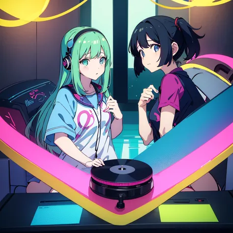 two anime girls in headphones are playing music on a turntable, anime vibes, anime style 4 k, ig studios anime style, nightcore,...