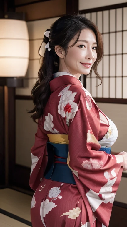 Mature attractive sexy woman,50 years old, ((kimono)),(((kimono))),Shut,((Big Breasts:1.2)),(Facial wrinkles:1.3),light makeup,Light brown hair,Long Hair,(Full body photography:0.85),(Emphasize big buttocks),8k, RAW Photos, highest quality, Laughter,masterpiece,highest quality、A gentle smile、A gaze that seduces viewers、Random hairstyle、Japanese-style room、Shoji screen、Lantern、