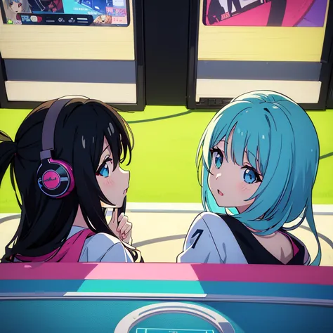 two anime girls in headphones are playing music on a turntable, anime vibes, anime style 4 k, ig studios anime style, nightcore,...