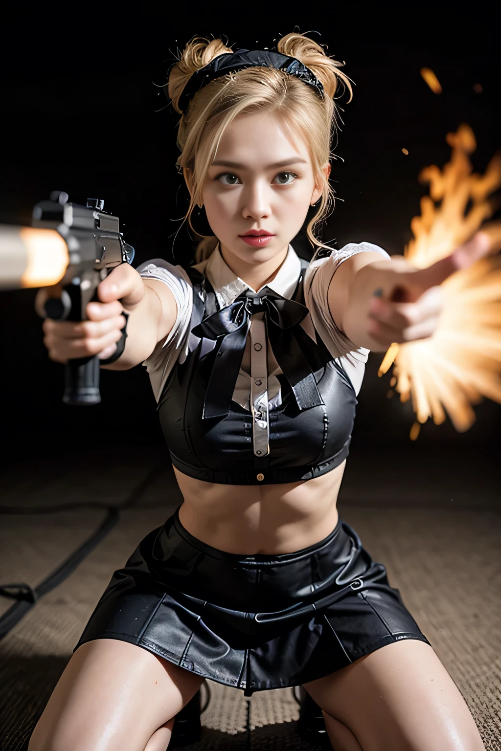 20 year old female maid, Wearing traditional maid uniform, Blonde Hair, , Point a gun at someone, Beautifully detailed face, The hairstyle is braided, Cinematic lighting effects, , Dynamic composition, Dynamic pose, Kneeling Shot, Face Shot, Anatomically correct body, Has an assault rifle, The hairstyle is a bun, Muzzle Flash, Red lipstick, Black skirt with frills, Chic pumps, They&#39;re firing., Garter belt and white stockings, Detailed depiction of a gun, Assassin, Aimed at viewers, destiny2weaponを握っている, Outdoor, World Trade Center rooftop, Anatomically correct number of hands, There&#39;s a moon in the sky, hold a gun with both hands, Anatomically correct leg shaping, Skyscraper rooftop, M4カービンHas an assault rifle, A strong wind is blowing