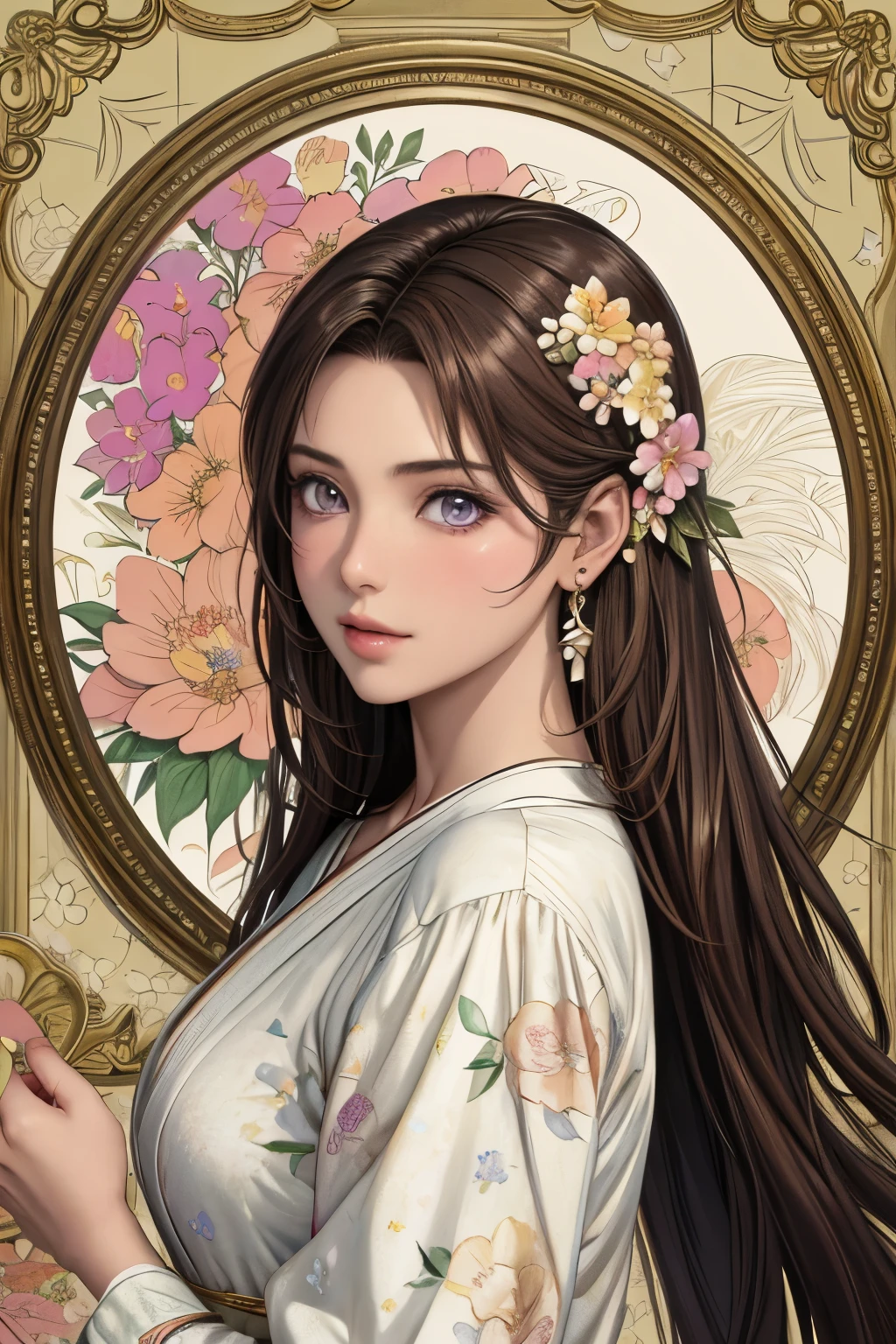 (​masterpiece, top-quality, top-quality, Official art, Beautifully Aesthetic:1.2), purple eyes, (highest quality, masterpiece painting:1.3), immature woman, 16 years old, (half body shot), masterpiece, ultra high resolution, (((Flower frame, A lot of flowers in the frame, round frame, A beautiful girl fits into the frame))), Decorative panel, abstract art, (shot from a side angle), (Photoreal:1.0), ((light brown hair)),straight hair, beautiful shining hair, white and shining skin, Painterly, sketch, Texture, 超A high resolution, solo, Beautuful Women, A highly detailed, (Fractal Art:1.1), (colourfull:1.1), (florals:1.6), The most detailed, (Zentangle:1.2), (Dynamic Poses), (Abstract background:1.3), (shinny skin), (Many colors:0.8), (earrings:1.4), (pluma:0.9), Taisho romance