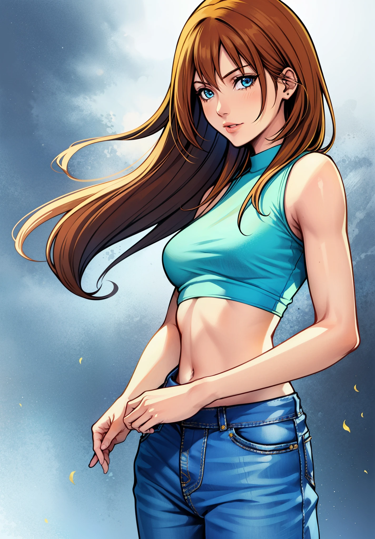 (Casual Outfit), (croptop, bluetshirt, yellow sleeves, jeans, sandals) Tetsuya nomura, 1girl, bloom, blue eyes, orange hair, white background, solo, upper body 