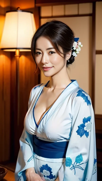 (highest quality,8k,masterpiece),
日本人Mature Woman,40 years,Mature Woman,Pure white skin, Tabletop、Top view from chest、
Full breasts、　((kimono))、((visiting))((blue))((kimono))Random hairstyle、((The chest is closed))、
,A gentle smile、A gaze that seduces viewers、Japanese-style room、Shoji screen、Lantern、