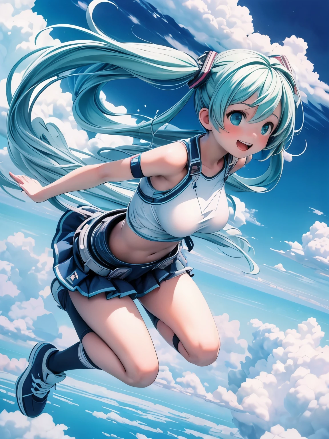 (masterpiece、highest quality、highest quality、Official Art、Beautiful and beautiful:1.2)、(One girl:1.3)Hatsune Miku、Twin tails,Big Breasts,masterpiece, highest quality, High resolution, sky diving, cute woman flight in the cloud, cloud, flight, fun, smile, shout, Big Jump, fall, Wide Shot, Dynamic Angle,