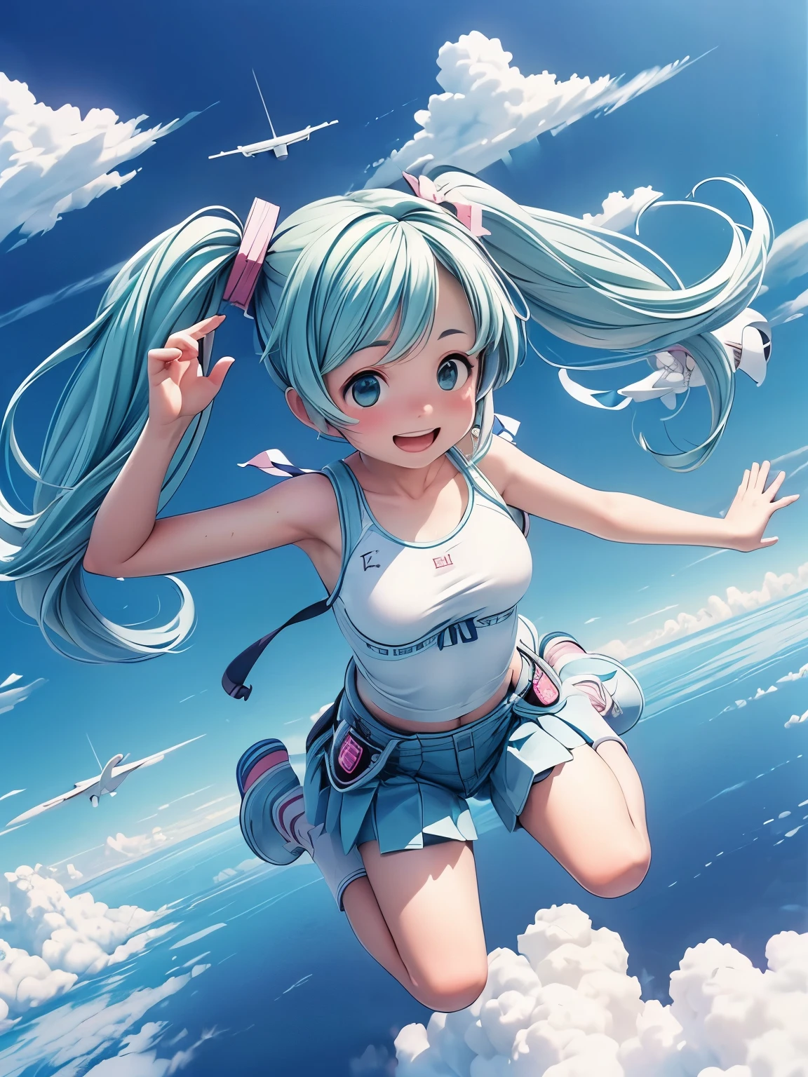 (masterpiece、highest quality、highest quality、Official Art、Beautiful and beautiful:1.2)、(One girl:1.3)Hatsune Miku、Twin tails,Big Breasts,masterpiece, highest quality, High resolution, sky diving, cute woman flight in the cloud, cloud, flight, fun, smile, shout, Big Jump, fall, Wide Shot, Dynamic Angle,
