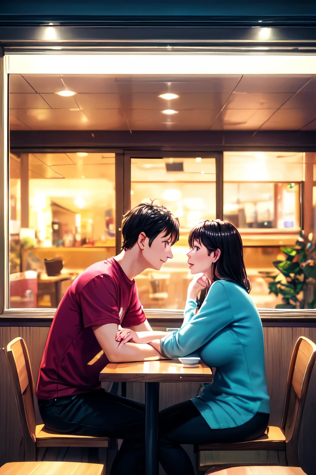 Middle-aged couple having dinner in restaurant looking at the door，night，The lights are gray，Two people sitting in the living room，Pale，Fear，Look at the door