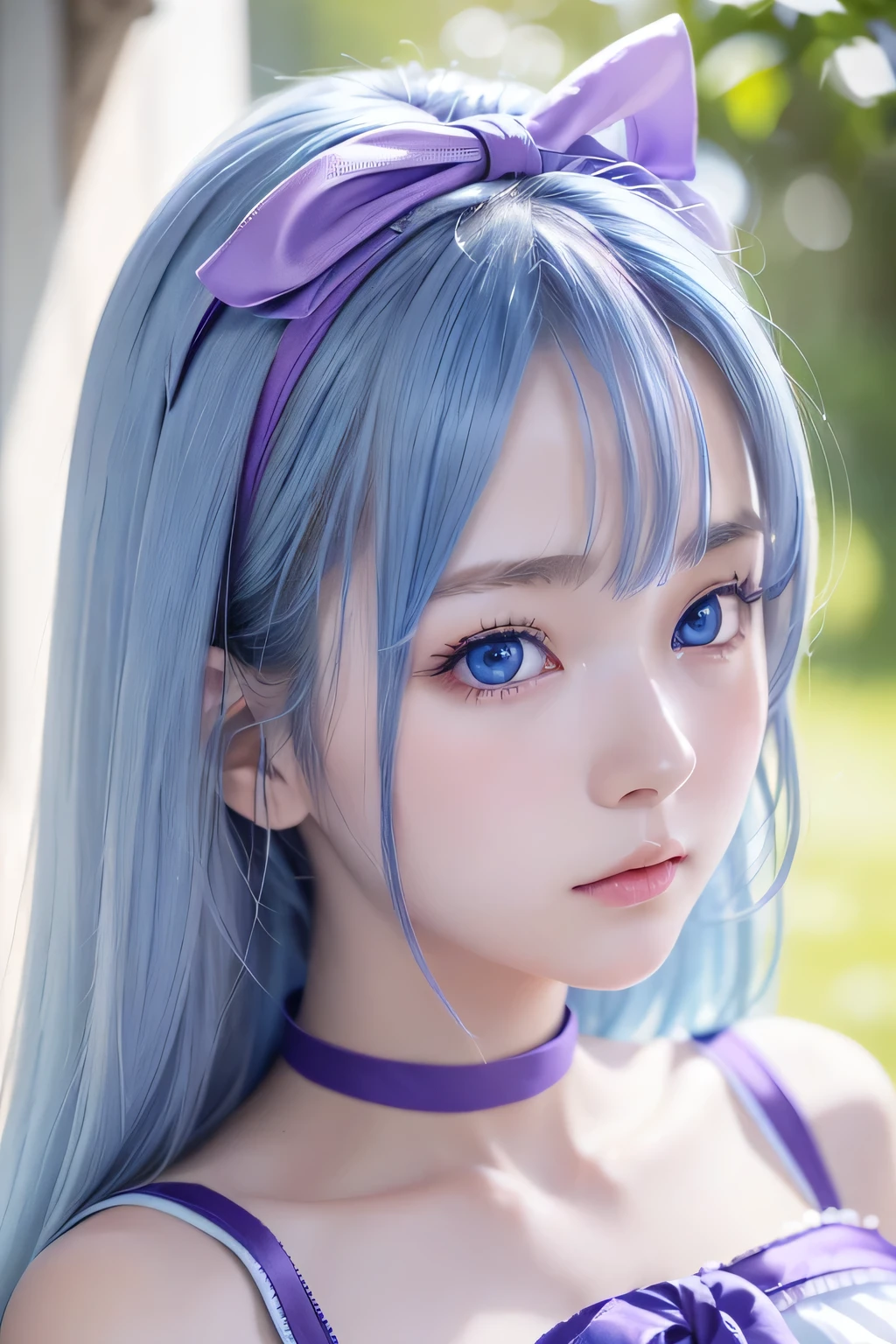 masterpiece、highest quality、8K、 ((Upper shot close-up)) 、、(Light blue eyes)、(16 years old)、(Light blue hair with purple ribbon)、 Sad blue eyes、Soft Face、Beautiful anime faces、slim、slender