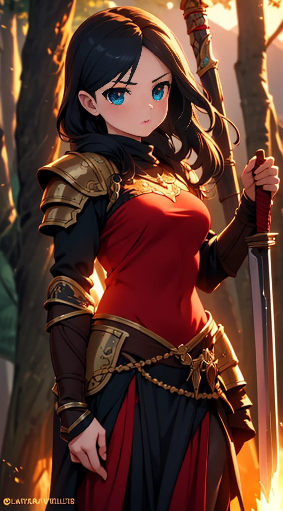 high quality, highly detailed,A young woman with long, curly black hair, with a determined gaze and a confident stance, wears armor inspired by the universe of Skyrim. Each piece of the armor, meticulously crafted, reflects the light as if forged by skilled artisans of Tamriel. Her eyes gleam with the promise of adventure as she wields a sword, ready to face the challenges that await beyond the horizons of Skyrim. Around her, a breathtaking landscape of mountains and forests, where dragons soar and ancient secrets await to be discovered. What is the journey of this young warrior? What epic destinies is she destined to achieve in this vast and magical world?