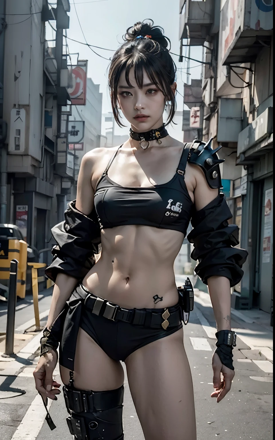 ((Best quality)), ((masterpiece)), (highly detailed:1.3), 3D, beautiful (cyberpunk:1.3) street samurai woman with thick shapeless hair, pistols worn on hips.European,