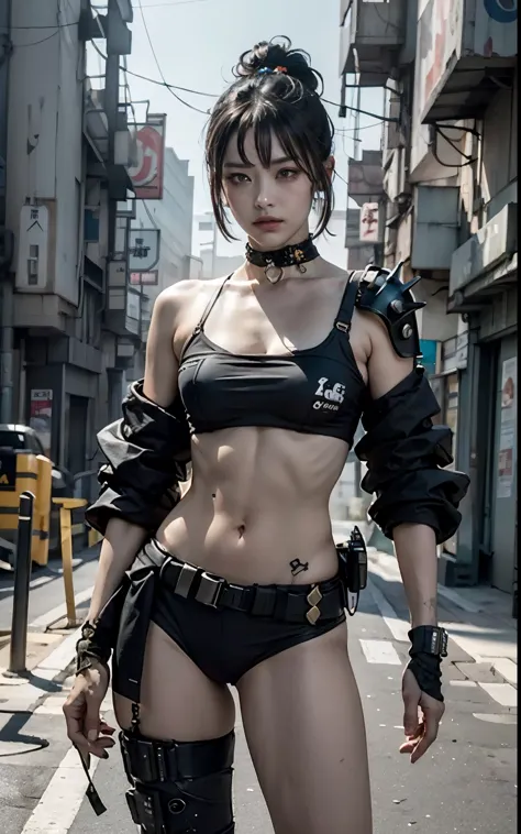 ((Best quality)), ((masterpiece)), (highly detailed:1.3), 3D, beautiful (cyberpunk:1.3) street samurai woman with thick shapeles...