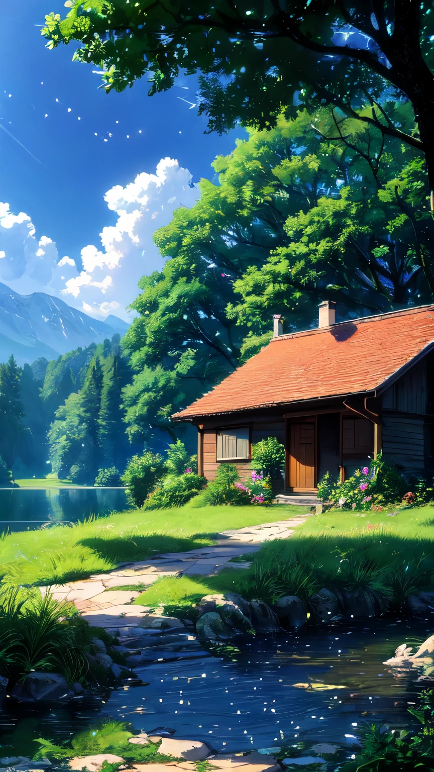 Gemälde einer Hütte an einem See mit einem Boot im Wasser, idyllisches Ferienhaus, detaillierte Malerei 4 k, Anime Landschaft, Cottagecore-Stil!!, friedliche Landschaft, Landschaft Kunstwerk, schönes digitales Gemälde, Landschaft Kunst detailliert, Cottagecore-Stil, HD-Hintergrund, digitale Cartoon-Malerei-Kunst, kleines Häuschen, eine wunderschöne Landschaft, schönes Haus, schöne detaillierte Szene(leuchtende Glühwürmchen und Schmetterlinge )(Blick ins Grüne)(strahlend blauer Himmel)(borkeh effect)(Fernsicht)

