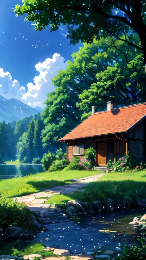 painting of a cottage by a lake with a boat in the water, idyllic cottage, detailed painting 4 k, anime countryside landscape, c...