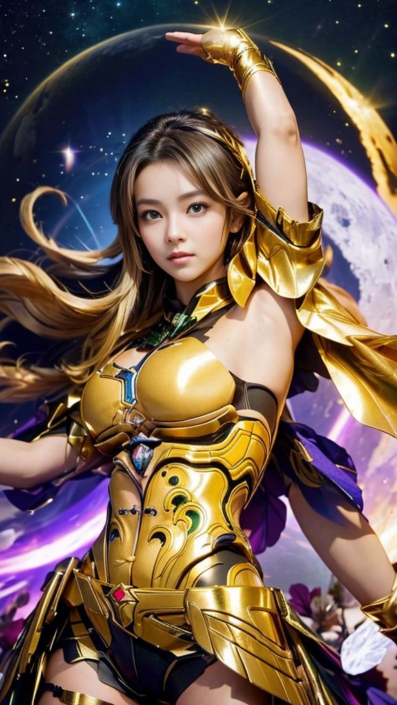 masterpiece,highest quality,Ultra-high resolution),Japanese women, Very beautiful girl, Naïve girl、Perfect limbs、Perfect Anatomy、Glowing Beautiful Skin、Watery eyes、Brown shiny hair、The colors and landscapes of youth、Premonition of Love: Green and Gold Uniform、 metallic Green armor, High Quality Costume, Brass armor, Masterpiece costume, Green armor, Avan Uniform, Golden black uniform, Gold Armor Suit, quality commander, Combat uniform, Embroidered uniform guard, Golden Obsidian Armor, Smooth Gold Armor、Camel Toe、Giant tit、Nipple Puffs、Cleavage、Plump、Super big breasts、Super big butt