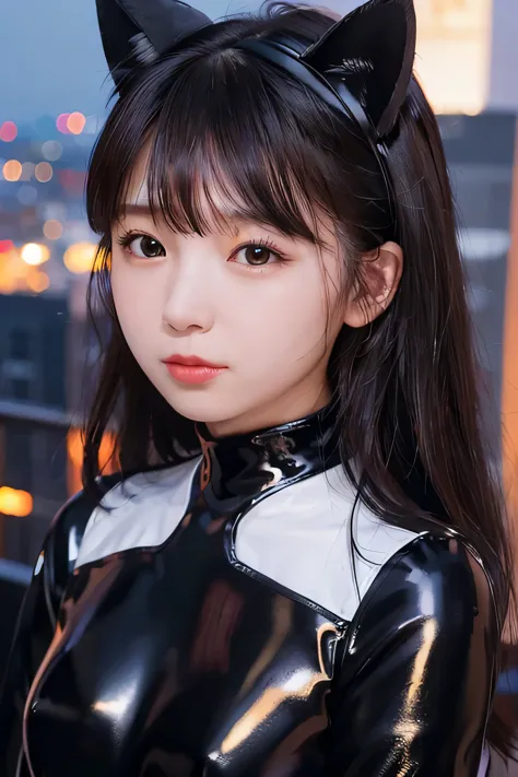 8K、highest quality、masterpiece、　(Headshot closeup)、1 girl、slim、cute、Flat Body、Cat ears on her head、Black latex suit、、Skyscraper ...