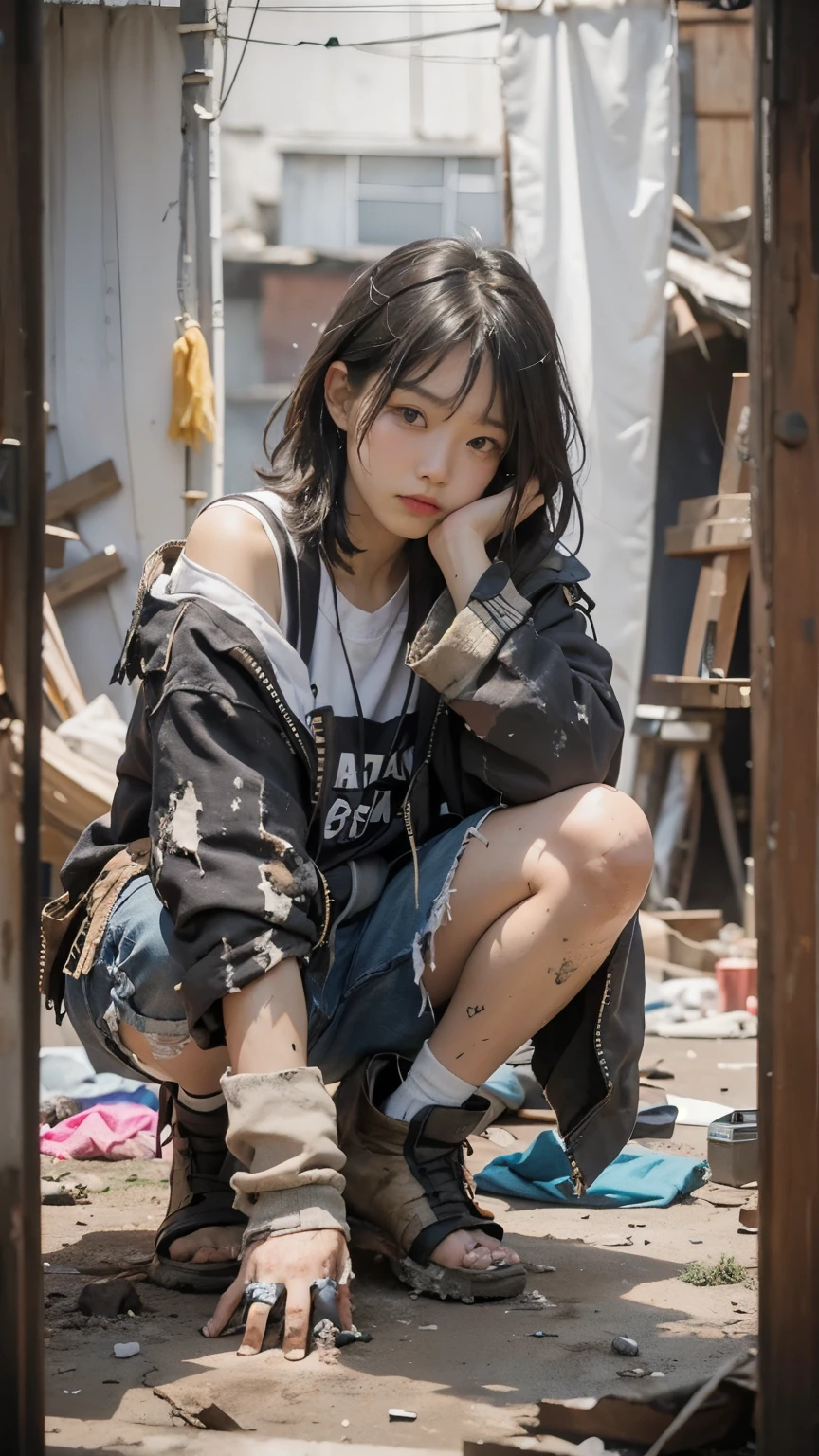 18-year-old,(((Homeless))),Korean women,Pitch black,Tattered clothes,(((The collapsed room))),(((Late night slums))),Crouching,((( in a destroyed city,Oil,Mud stains,shit,dirty))),(((Frowning,カメラをGlaring))),((((Rubble pile))),After the disaster,Very fine eye, junk,((Inside the barrack tent)),((refuge)),(((He&#39;s wearing a tattered and dirty black hoodie.,Wearing baggy pants))),(((Collapsing Building))),(((Tragic))),((photograph)),(((Fabric Shading))), (((highest quality))), (((masterpiece))) strong girl, ((((Realistic)))),,Black Hair, chic hairstyle, ((With bangs,Straight medium bob cut, nice hair)), Light makeup,Red eyes, (((I&#39;m not wearing lipstick))), (nice, strong), (((Strong night atmosphere))), Centered Images, Looking at the camera, Elegant colors,Realistic Skin,Realistic texture,８k,whole body,Pale skin,Red iris,Expressionless,Glaring,Perfect Face,(((Big eyes)))