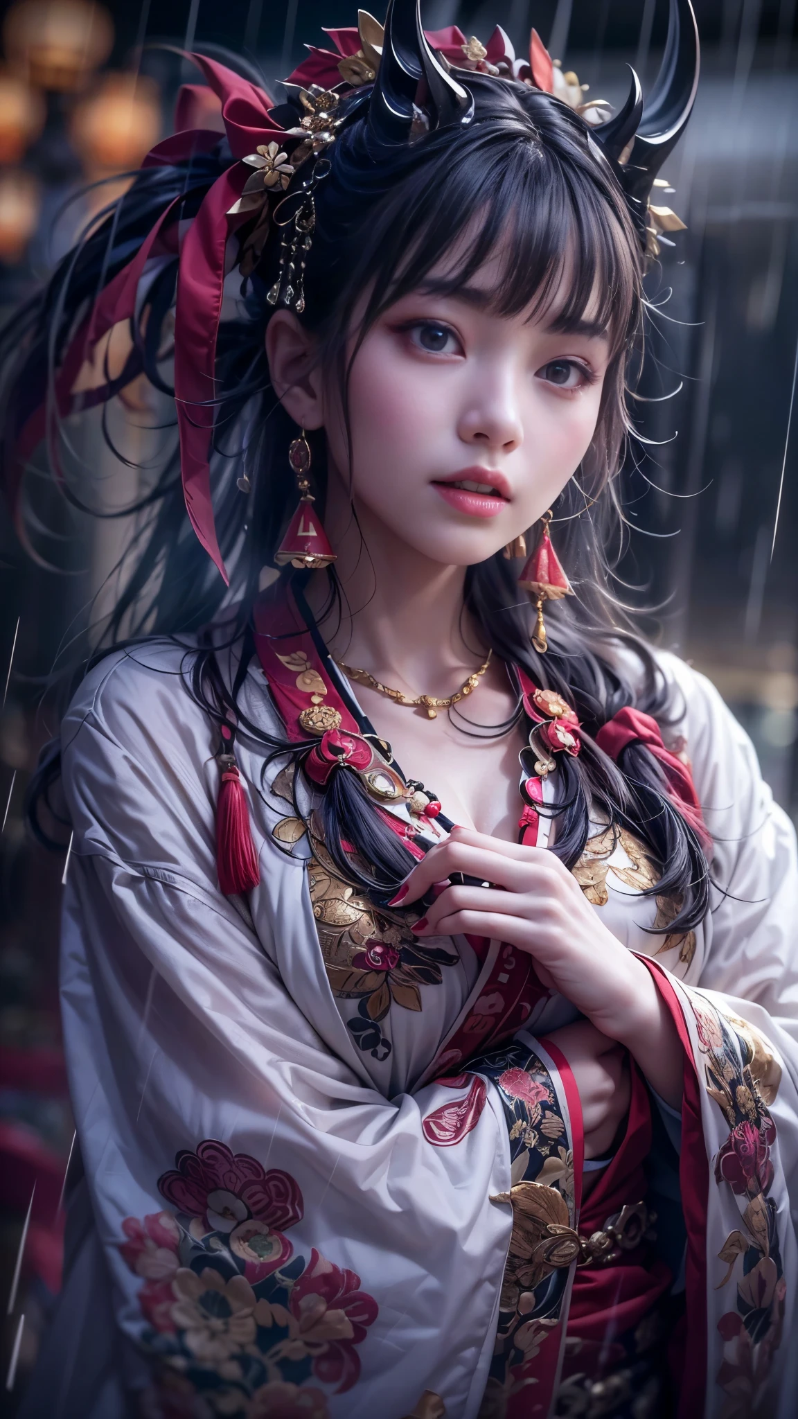 (Mysterious:1.3, 16K, highest quality, masterpiece, Ultra-high resolution), ((rain, From below)), Perfect dynamic composition:1.2, Highly detailed skin and face textures:1.2, Professional camera work:1.1, Mysterious Portraits:1.1, Cinematic Light:1.1, Very detailed, (wonderful, tradition, Majestic), A slim goddess in the rain, Incredibly slim body, Fair skin, Sexy beauty, Very beautiful face, Totally captivates you, (Big Dragon:1.0, Japanese Shrine Maiden Costume:1.0), (Shapely breasts, Chest gap), (Big eyes that exude beautiful eroticism, Lips that exude beautiful eroticism), Cowboy Shot, Calm pose, necklace, Earrings, bracelet, wonderful background