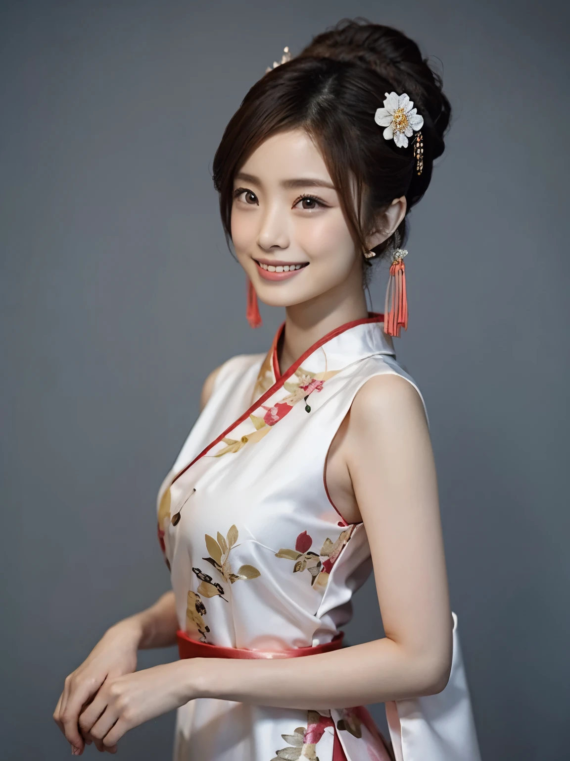 "uetoaya"Utiliser le mot déclencheur、porter une robe traditionnelle chinoise、comme々Générer une nouvelle image d'un modèle féminin。Elle porte des vêtements sympas、porter une robe traditionnelle chinoise。La robe est sans manches、Cela crée un look féminin et glamour.。Aussi、Sa coiffure est「Brioches chinoises」Spécifié comme、De préférence en incorporant des ornements et des décorations pour cheveux chinois traditionnels。Le modèle a un sourire sur son visage.、Cela donne une impression lumineuse et calme.。L'angle de la caméra se concentre sur le haut du corps.、Mettre en valeur sa belle robe et sa coiffure。Aussi、L'arrière-plan est simple mais、Cela fonctionne mieux si elle intègre des éléments et des accents chinois traditionnels.。L&#39;image générée est、Cela peut être utilisé dans les magazines de mode et les sites Web pour promouvoir la mode chinoise traditionnelle.。