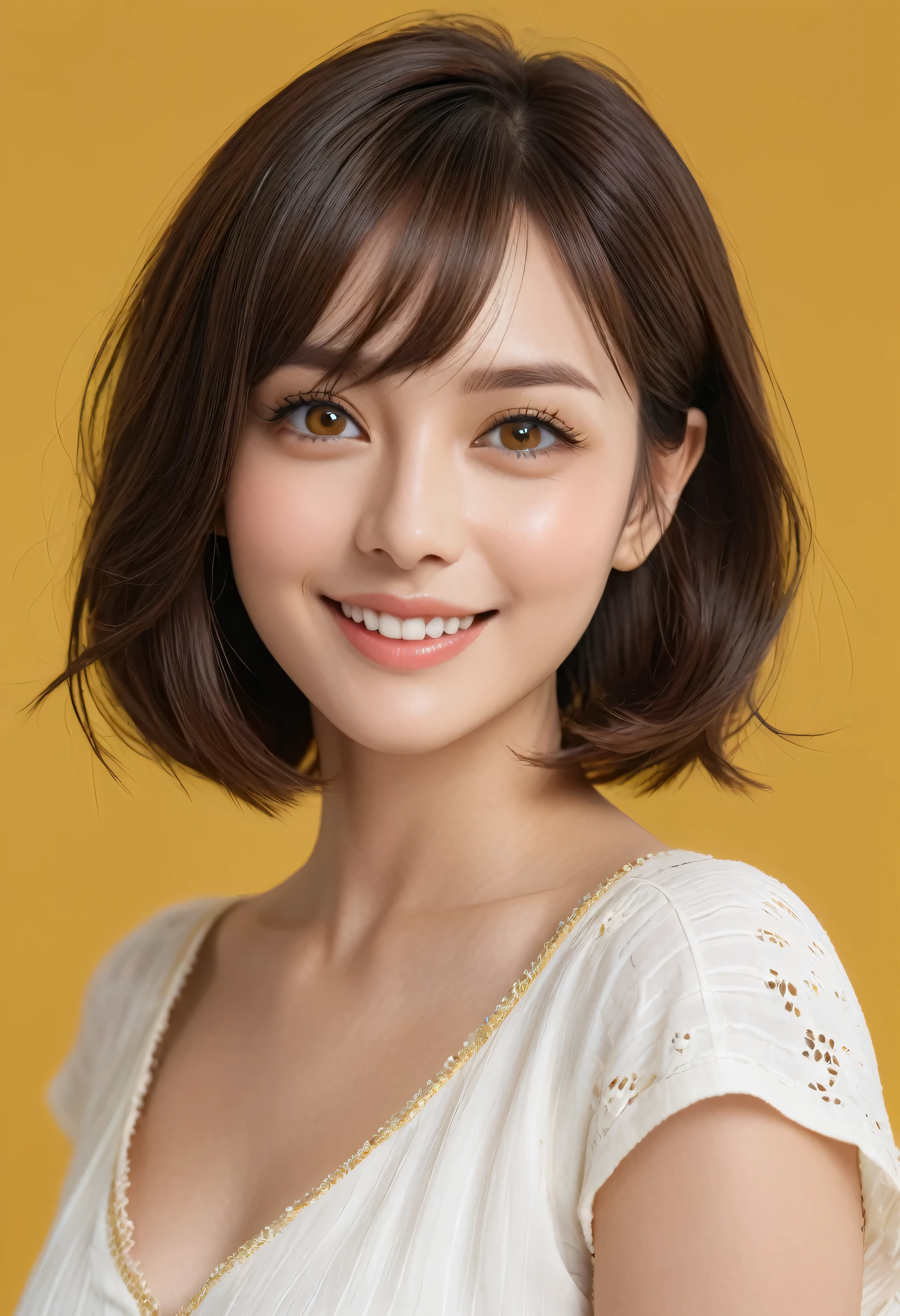 (software:1.8、masterpiece, highest quality),1 girl, alone, have, Realistic, Realistic, Watch the audience closely, Look closely at the camera、Light brown eyes:1.3, Highly detailed shiny brunette short bob hair, short hair:1.8、Bob Hair:1.6、Beautiful symmetrical face、Spring Clothes:1.6, Whity, lips, bangs:1.8, Mouth closed, Upper Body、Big eyes、eyelash、((Very simple pure yellow color background:1.8))、(((bangsのあるshort hair、Big eyes、big and full 胸、Looking at the audience、Beautiful beauty、Show me your ears、Beautiful long neck、smile、please close your mouth and smile)))、Ideal body type、((({Huge|big|Huge|Mega} Chest 2, Cleavage:2、shut up.A very happy smile、shut up.、Beautiful Teeth、elevation:1.5、Dutch Angle Shot:1.5)))